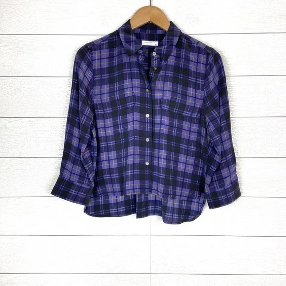 EQUIPMENT FEMME Silk Purple Plaid Crop Signature Button Up Shirt Small Cropped - Picture 1 of 5